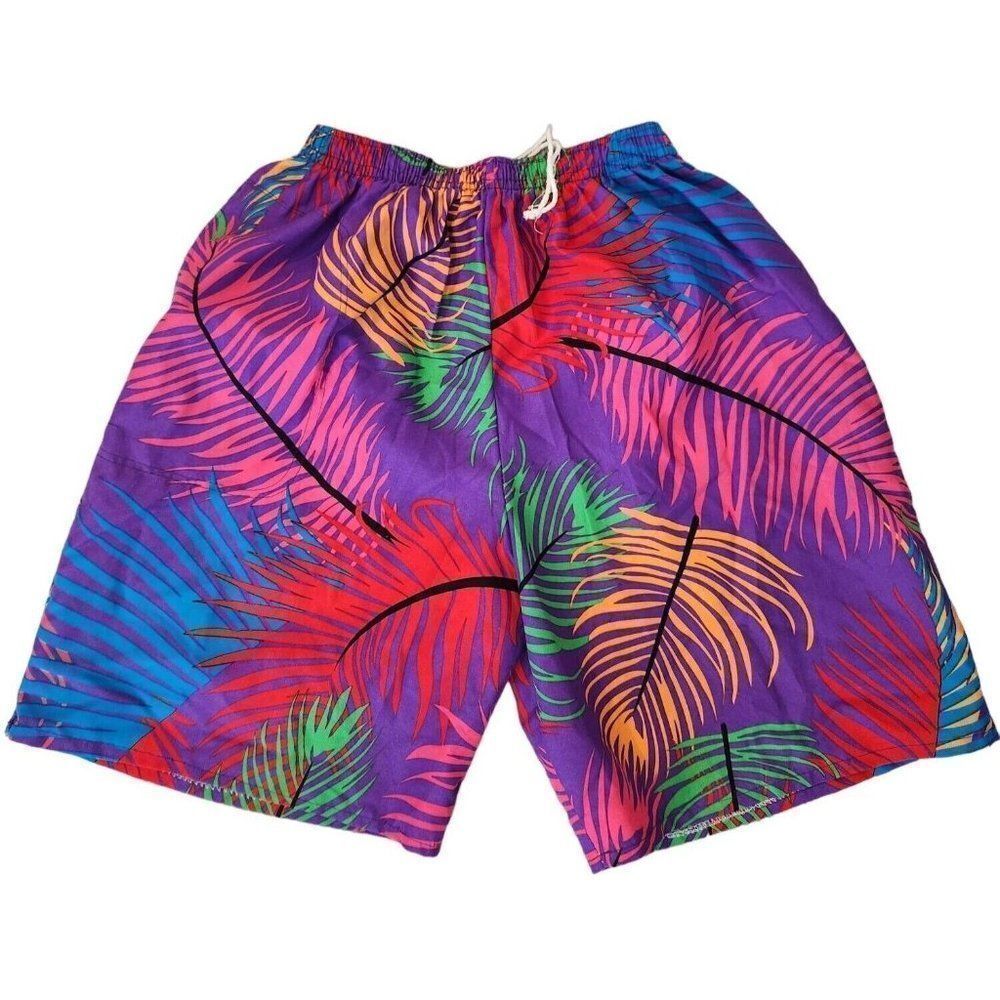 Vintage 90s Bright Botanical Colorful Swim Shorts S Beach Pool Party Barbie Ken